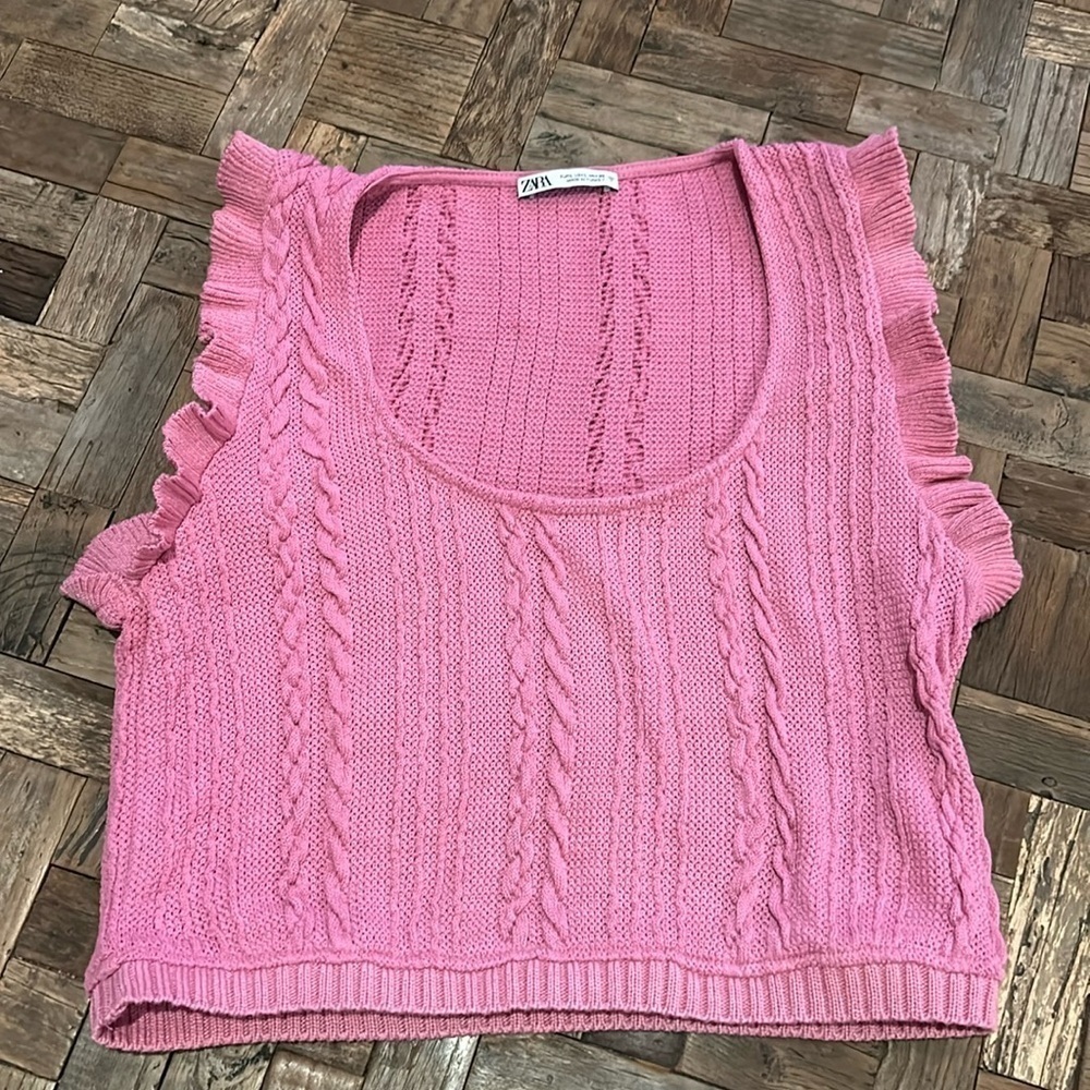 Zara Pink Knit Ruffle Sleeve Crop Top Sweater Vest Size Large